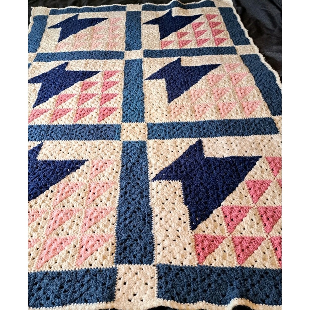 Crocheted Handmade Afghan 60 X 32 Quilt Pattern Blue Pink - Picture 2 of 5